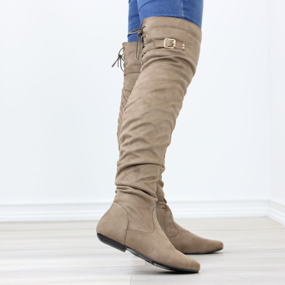 Taupe Thigh High Over The Knee Flat Boots Faux Suede Laced Back - Picture 6 of 15